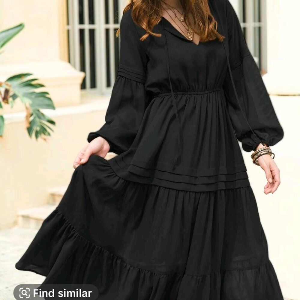 Rusttydustty Lantern Sleeve Tie V-Neck Ruffle Hem Maxi Dress - L - NWT